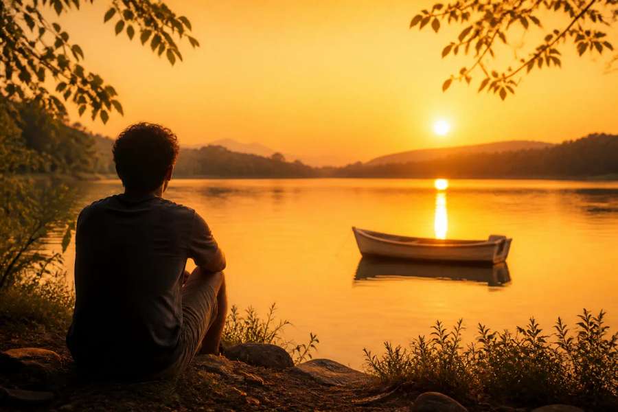 Lago sereno ao entardecer com barco a remo