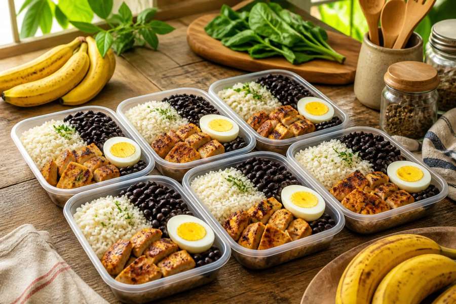 Bulking limpo e barato: dieta de marmita com arroz, feijão, frango, ovo e banana