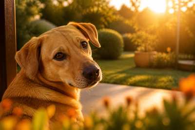 Retrato de um cão caramelo de olhar carinhoso, fundo de quintal desfocado, luz suave
