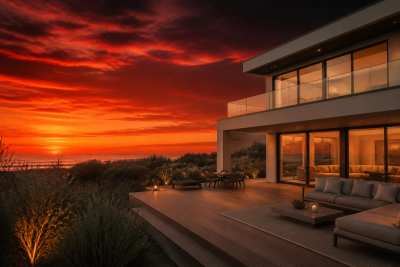 Fachada de casa de praia moderna com deque de madeira ao entardecer, exterior