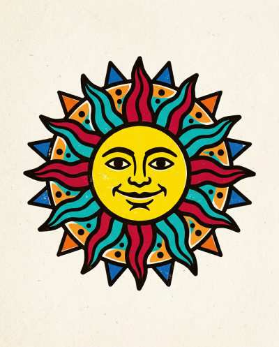 Icone folk de sol em blocos de cor tipo poster
