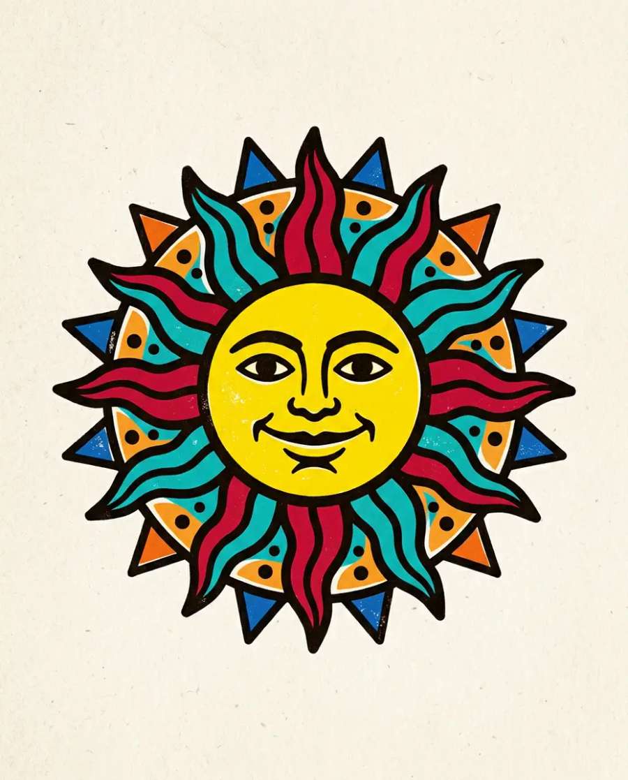 Icone folk de sol em blocos de cor tipo poster
