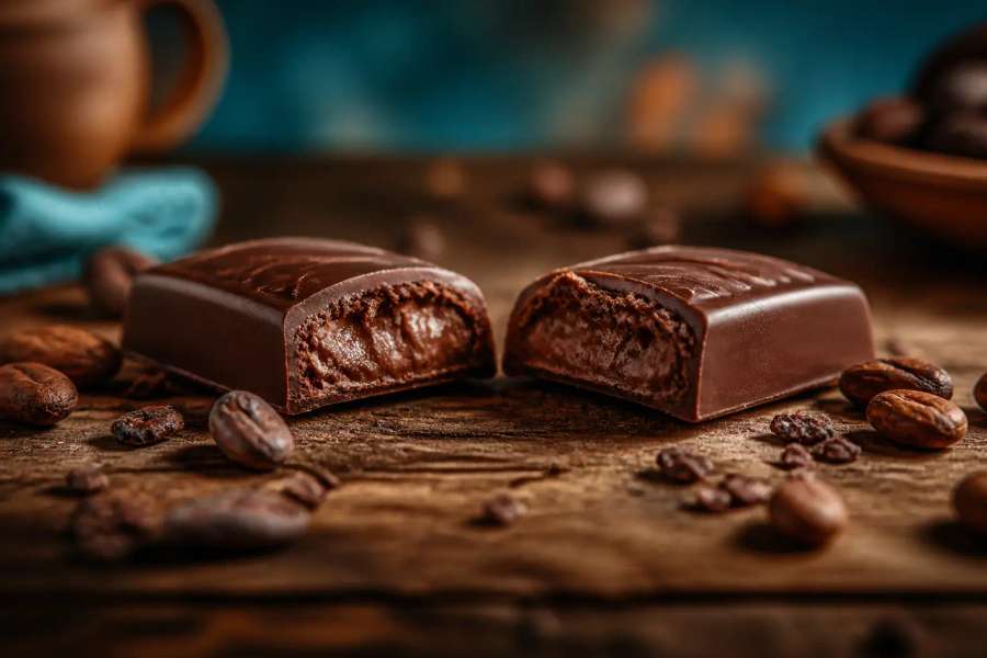 Barra de chocolate artesanal partida com cacau ao redor, close macro