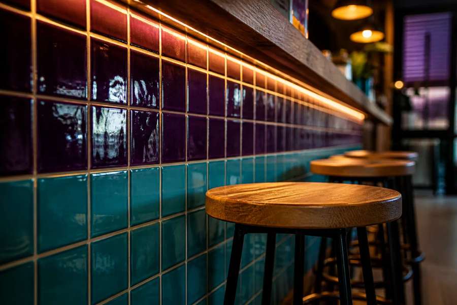 Interior de um botequim moderno com azulejos e madeira, banquinhos e luz quente aconchegante