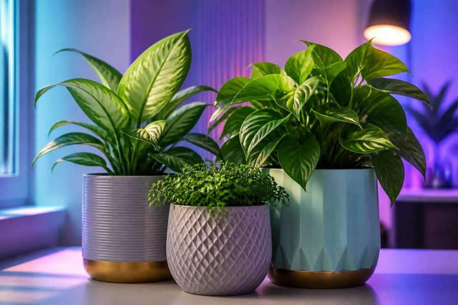 Vasos de plantas tropicais em canto aconchegante com luz de janela, decoração