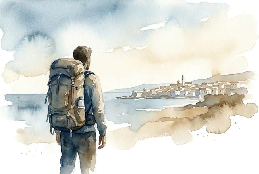 Viajante contemplando cidade costeira em aquarela
