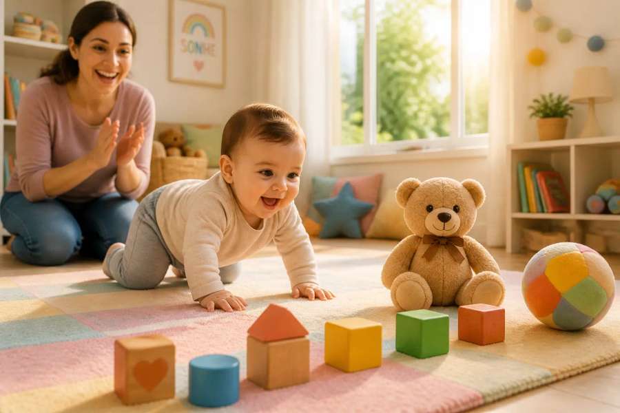 Brincadeiras que ajudam o bebê de 8 meses a engatinhar