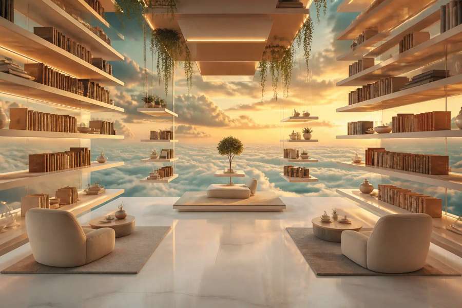 Biblioteca flutuante surreal