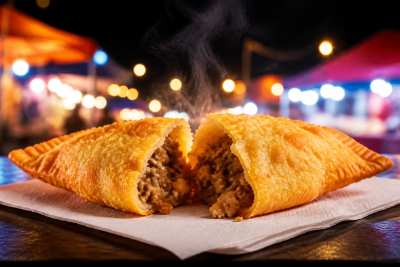 Pastel de feira crocante recém-frito partido ao meio, vapor, barraca noturna desfocada