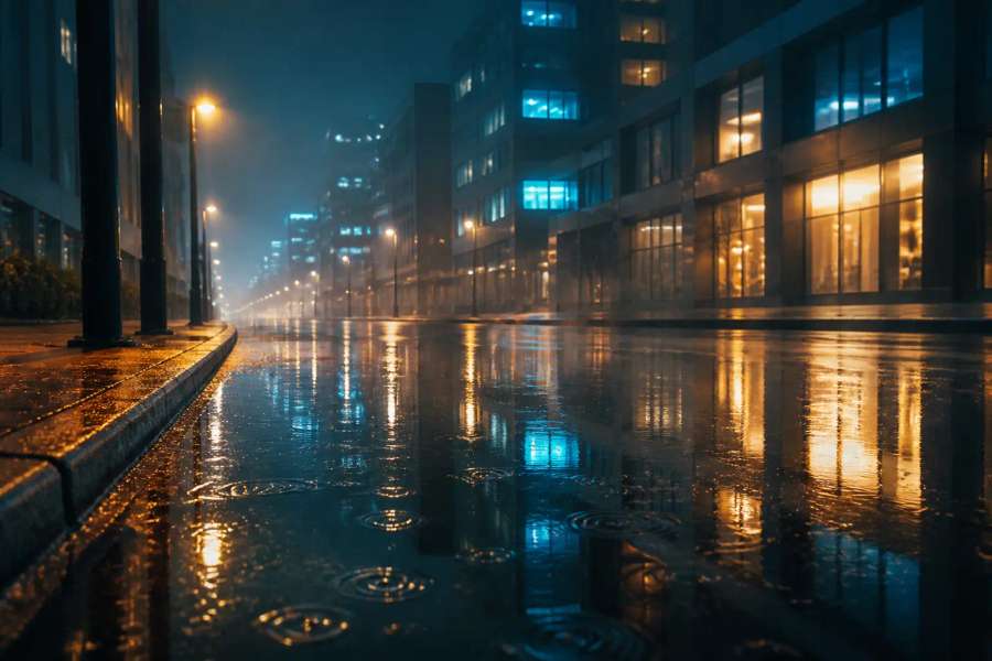 Cena cinematografica de chuva noturna