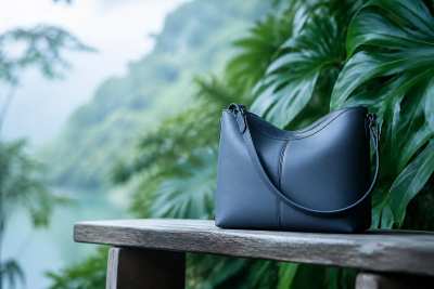 Bolsa de couro genérica sobre banco de madeira com folhas tropicais, produto