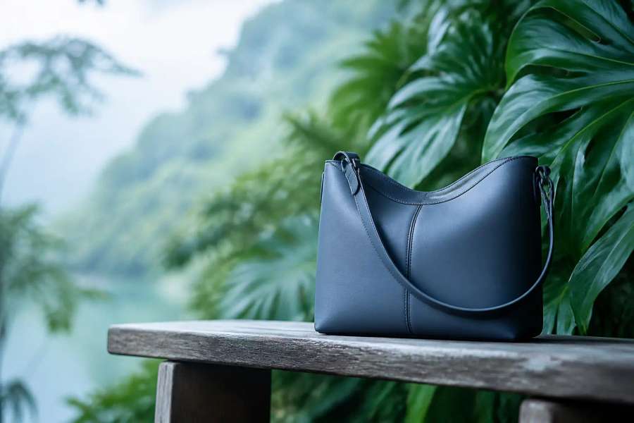 Bolsa de couro genérica sobre banco de madeira com folhas tropicais, produto