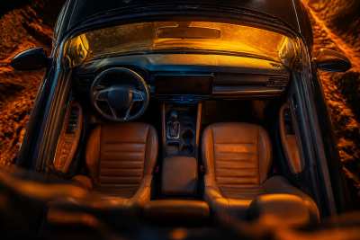 Interior de um SUV de aventura: cabine com bancos de couro caramelo, painel fosco, para-brisa e poeira dourada do cerrado ao entardecer