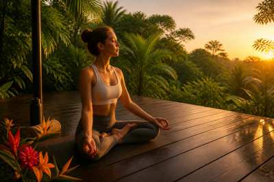 Cena de yoga em deque de madeira ao amanhecer com vegetação tropical