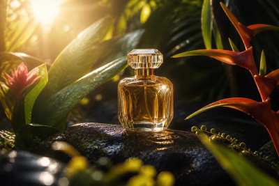 Anúncio de perfume de luxo — botânicos amazônicos sobre pedra molhada