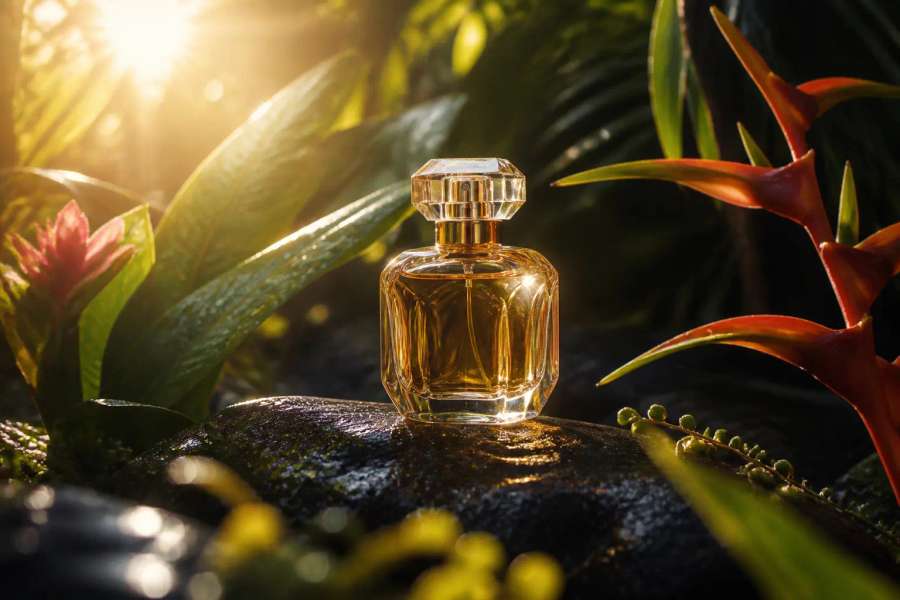 Anúncio de perfume de luxo — botânicos amazônicos sobre pedra molhada