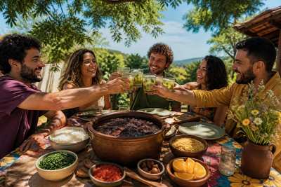Anúncio lifestyle de comida — feijoada entre amigos