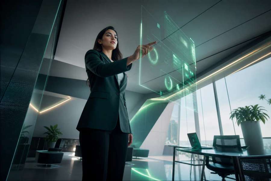 Executiva futurista com interface holográfica