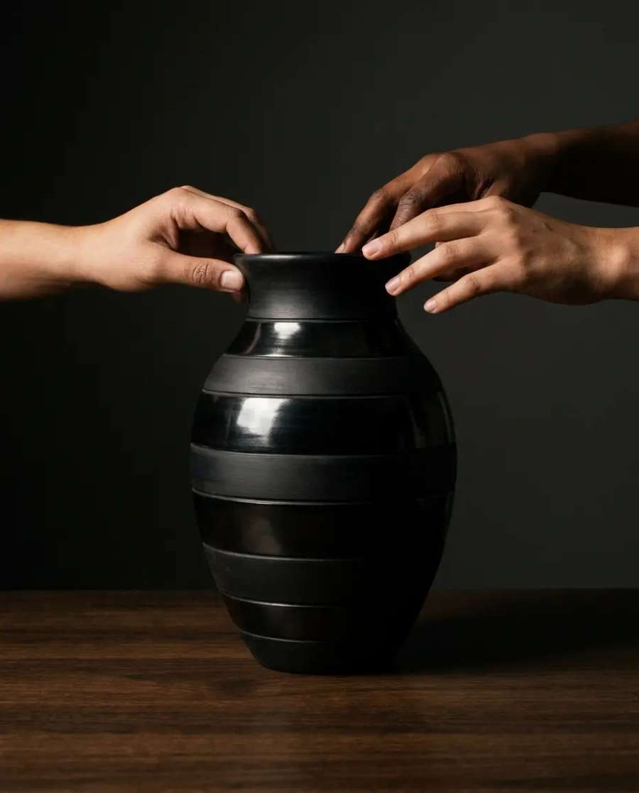 Vaso de barro negro feito à mão, still de produto
