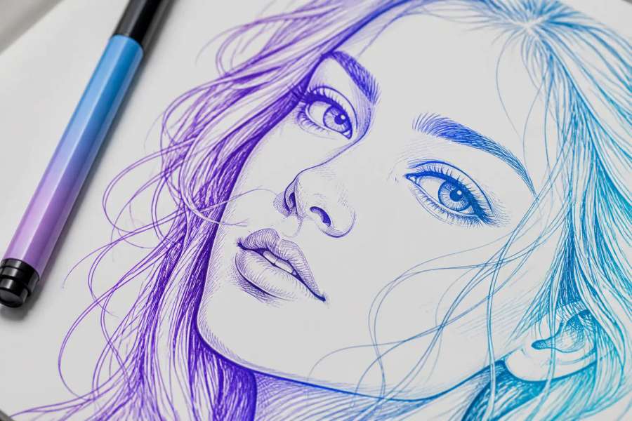 Retrato em line art de tinta