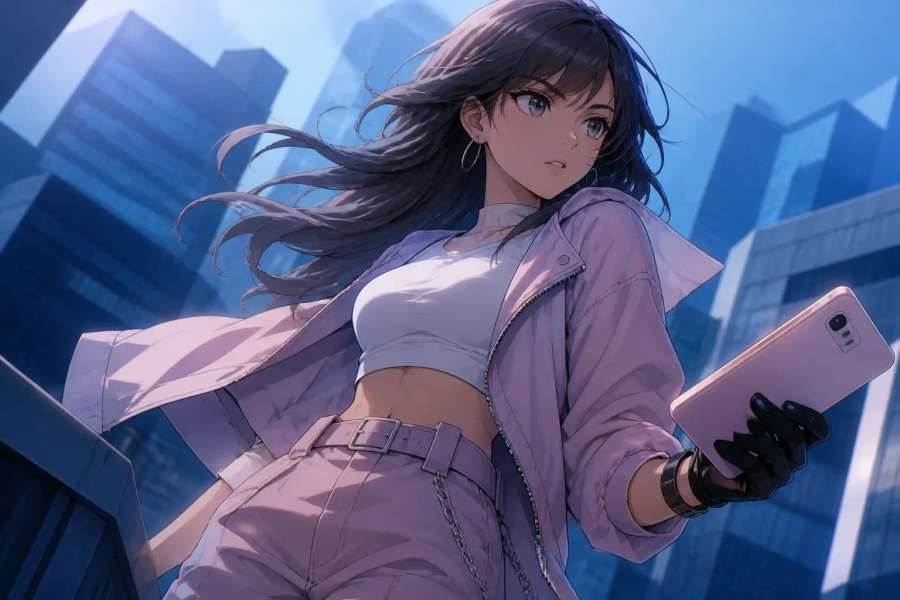 Retrato anime cel-shaded de heroina urbana
