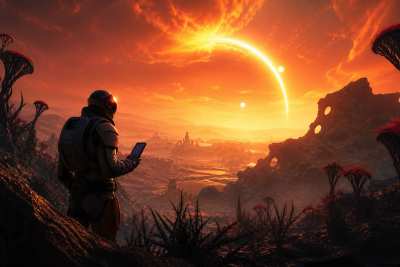 Concept art de explorador sci-fi em planeta alienigena