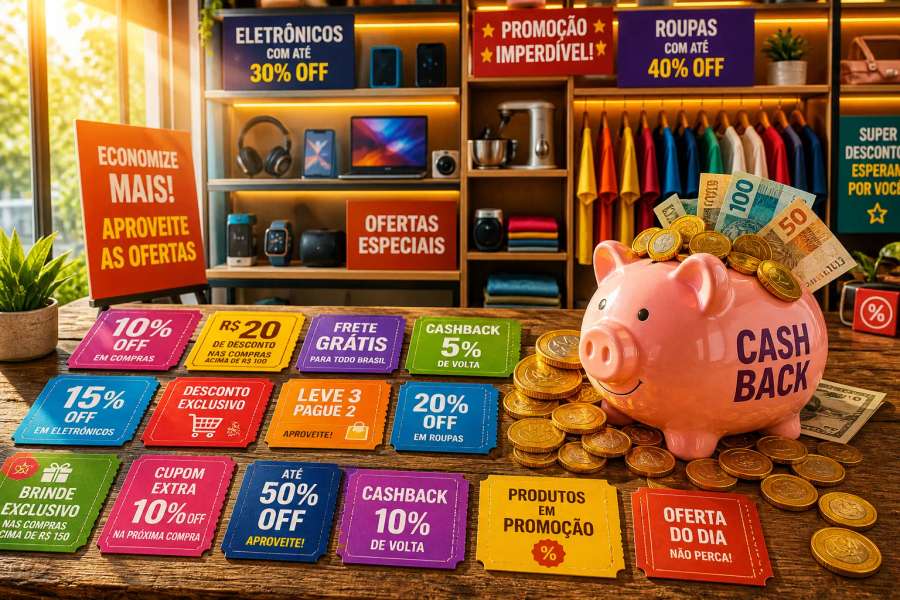 Empilhar cupom + cashback + promoção