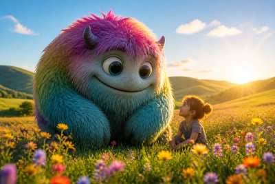 Cena 3D com monstro fofo gigante e crianca