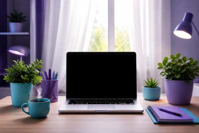 Mesa de trabalho aconchegante com laptop genérico sem marca, café e plantas, luz de janela