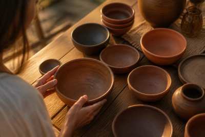 Conjunto de tigelas de cerâmica de barro artesanal sobre mesa rústica, luz lateral suave