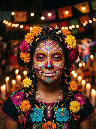 Retrato festivo com pintura facial — motivo floral de caveira