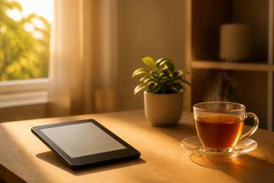 Anúncio lifestyle de tecnologia — e-reader na rede