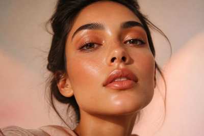 Close de maquiagem com pele luminosa e tons quentes, beleza editorial