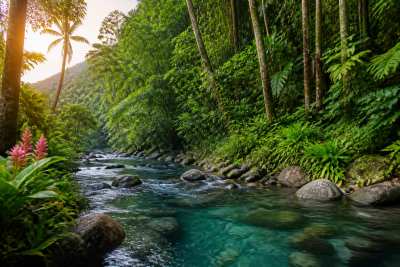 Rio cristalino serpenteando pela floresta tropical, paisagem vertical