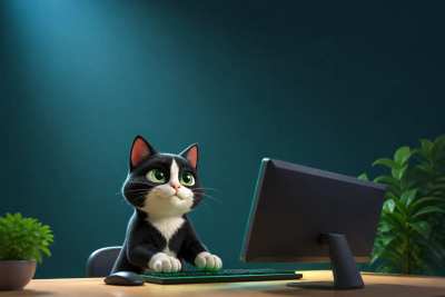Gato programador em 3D estilo Pixar