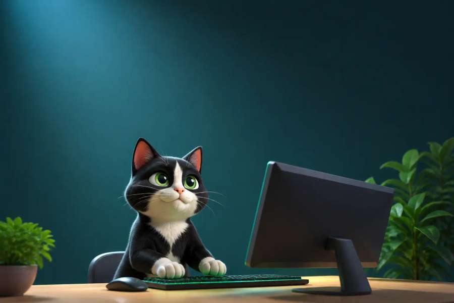 Gato programador em 3D estilo Pixar