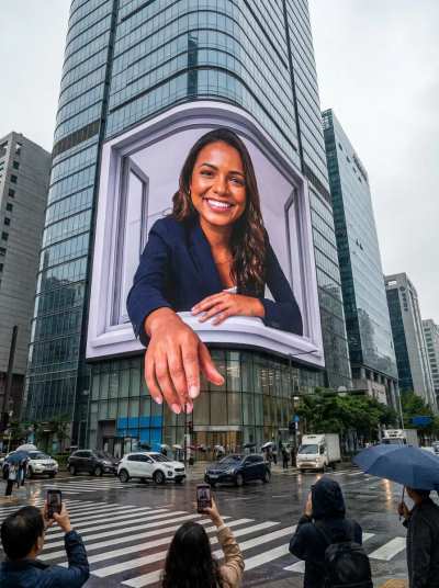 Outdoor 3D anamórfico com pessoa gigante