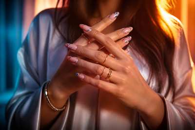 Close de mãos com nail art delicada e anéis, beleza editorial