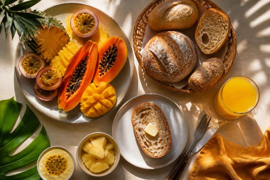 Mesa de café da manhã tropical vista de cima com frutas, pães e suco, flat-lay