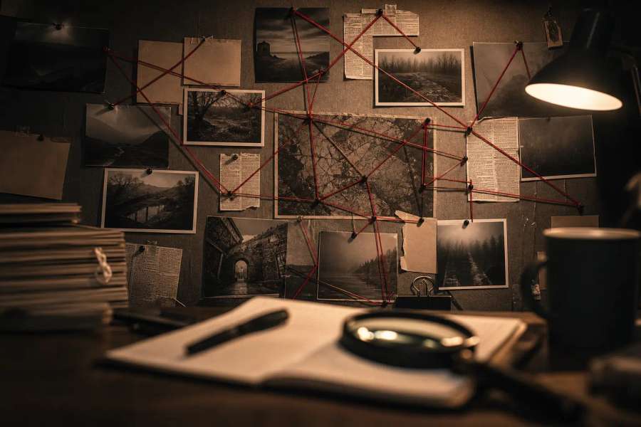 Mural investigativo cinematografico com barbante vermelho