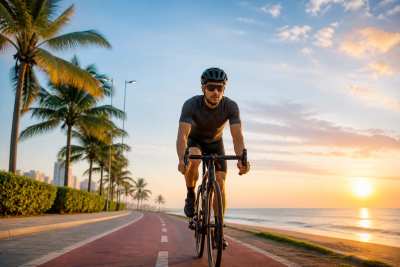 Ciclista urbano pedalando por ciclovia à beira-mar ao amanhecer, ação dinâmica