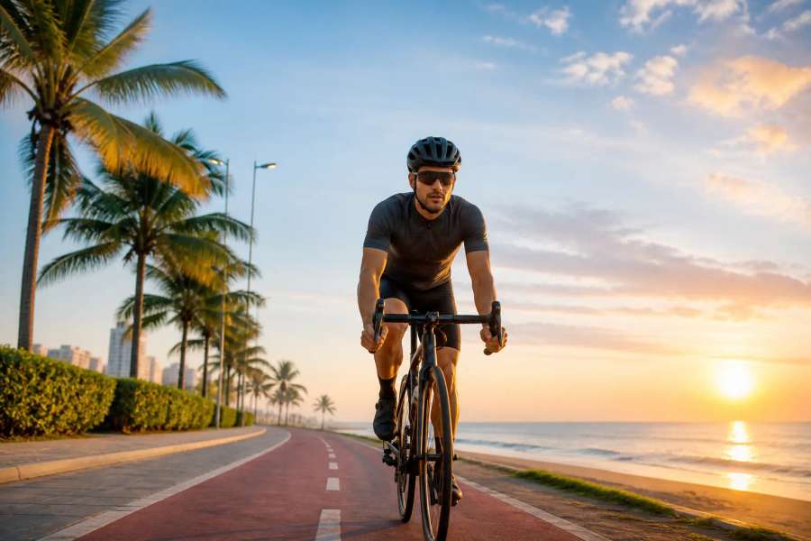 Ciclista urbano pedalando por ciclovia à beira-mar ao amanhecer, ação dinâmica