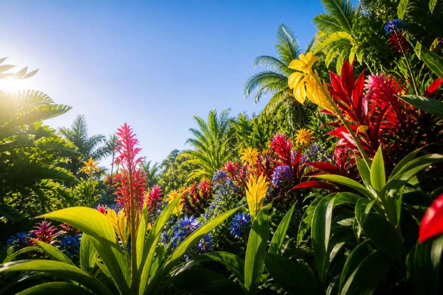 Jardim tropical exuberante com flores coloridas e folhagem, wallpaper