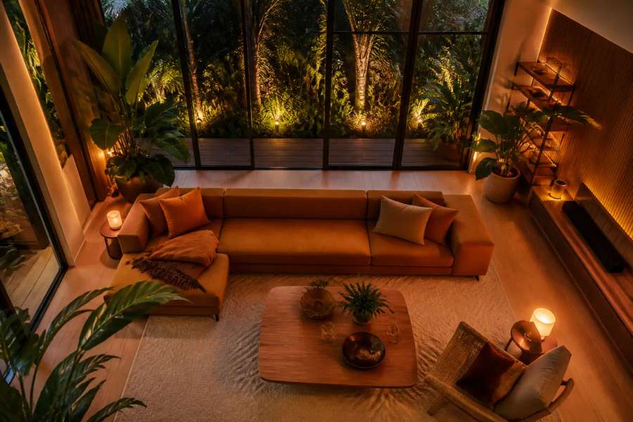 Sala de estar tropical-moderna com madeira clara, sofá terroso e janelões para o jardim