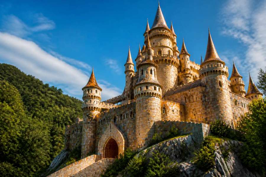 Castelo de fantasia feito de rótulos de papel