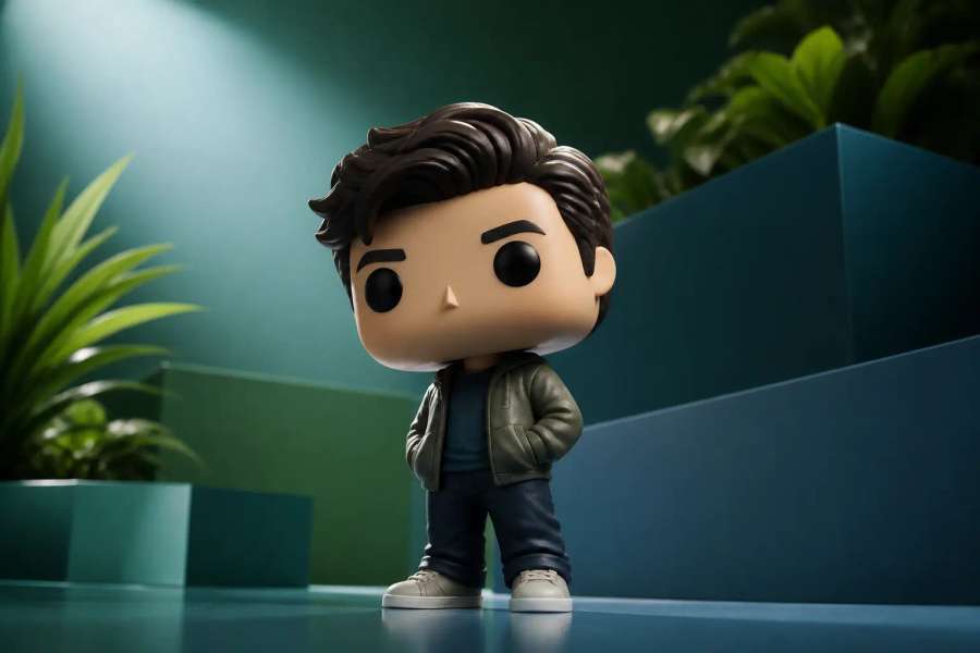 Boneco de vinil colecionável em fundo de estúdio