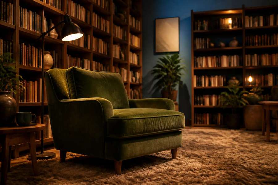 Interior de livraria aconchegante com estantes de madeira e poltrona, luz quente