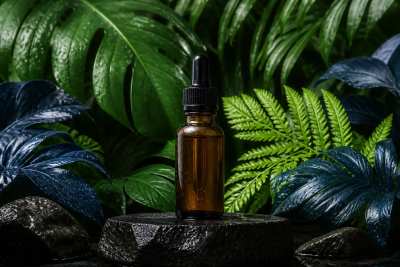 Frasco conta-gotas de sérum de vidro âmbar sobre pedra com folhas tropicais e gotas