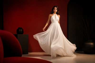 Editorial de moda: vestido branco fluido em estúdio