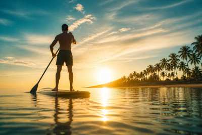 Esporte de praia — stand-up paddle ao amanhecer